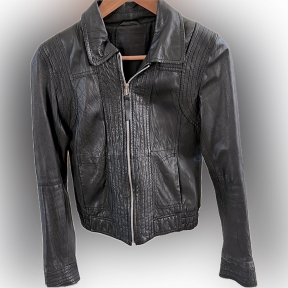 EUC! - ZARA Lightweight Genuine Leather Zip-Up Black Jacket. Size Small.